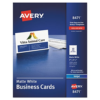 Avery 8471 Printable Microperf Business Cards, Inkjet, 2 x 3 1/2, White, Matte (Box of 1000)