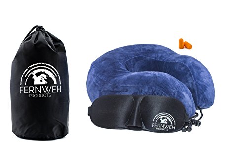 Contoured Memory Foam Travel Pillow and Eye Mask Collection by Fernweh Products - Relaxation Collection w/ travel pack for Travelers and Adventurers (Ocean)