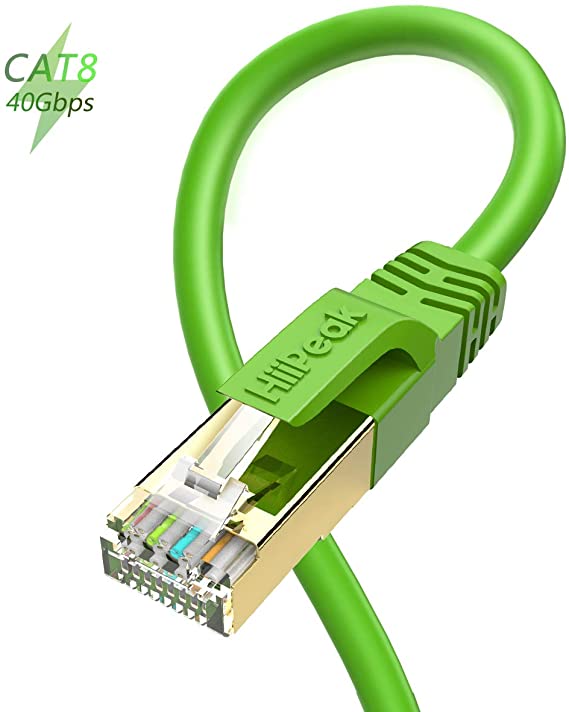 Cat 8 Ethernet Cable 5ft, HiiPeak Cat8 Internet Cable 40Gbps 2000Mhz High-Speed Professional LAN Patch Network Cables with RJ45 Gold-Plated Connector, Compatible with Cat5e/Cat6/Cat6a/Cat7, Green