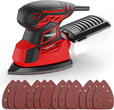 POPULO Electric Mouse Sander, 130W 14000RPM 230V Detail Sander with 12Pcs Sandpapers, Hand Sanders for Wood with Dust Collector, Compact Sanding Machine PEMS-140