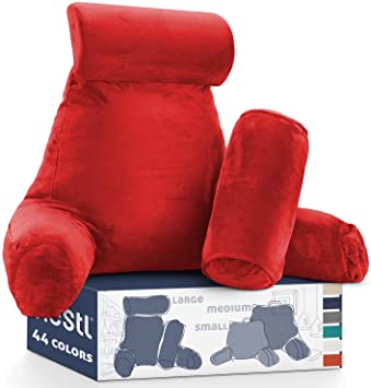 Nestl Reading Pillow, Extra Large Back Pillow, Backrest Pillows for Bed with Arms, Shredded Memory Foam Back Pillows for Sitting in Bed, 2 Neck Roll & Lumbar Back Support Pillow, Cherry Red