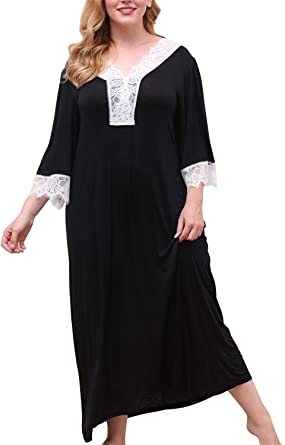 Nemidor Women's Floral Lace V-Neck Casual Nightgowns 3/4 Sleeve Plus Size Long Soft Nightdress NEM248