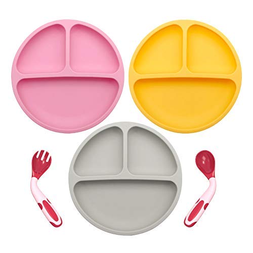 Baby Suction Plates for Toddlers - 3 Pack Baby Silicone Divided Plates with Spoon Fork, Safe for Children, Spill Resistant, Great Kids Gift Set