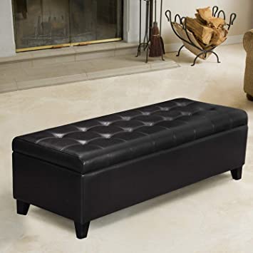 Black Faux Leather Tufted Storage Bench Ottoman with Hinged Lid, Rectangular