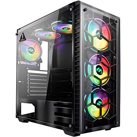 MUSETEX ATX Mid Tower Gaming Computer Case 6 RGB LED Fans 2 Translucent Tempered Glass Panels USB 3.0 Port,Cable Management/Airflow, Gaming Style Window Case(903-D6)