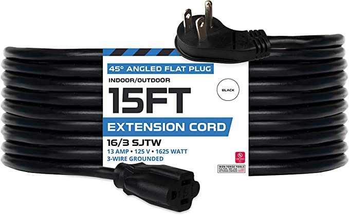 15 Ft Extension Cord with 45° Angled Flat Plug - 16/3 SJTW Low Profile Durable Black Indoor Cable