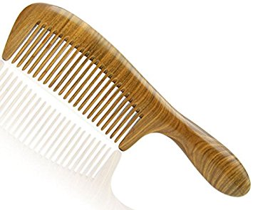 Handmade Premium Quality Whole Piece Seamless Natural Green Sandalwood Comb, Wooden Massage Hair Comb with Thick Round Handle 7.8"
