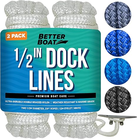 Boat Dock Lines & Rope Boat Ropes for Docking 1/2" Line Braided Mooring Marine Rope 25FT 1/2 Inch Nylon Rope Boat Dock Lines for Docking Boat Lines Boating Rope Braided with Loop White 2 Pk