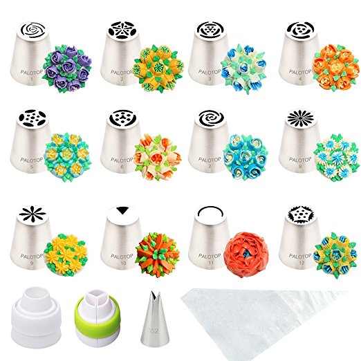 PALOTOP Russian Piping Tips 26pcs Set (12 Russian Tips   Leaf Tip   Coupler   Tri-color Coupler   Full Userguide   10 Disposable Pastry Bags)