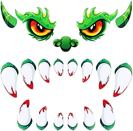 Halloween Monster Face Decorations Outdoor Garage Mad Monster Face Decoration Waterproof Monster Pattern Stickers with Nose Teeth Horns for Door Archway Window Car House Decor