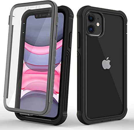 CellEver Compatible with iPhone 11 Case, Clear Full Body Military Grade Heavy Duty Protection Shockproof Rugged Transparent Cover with Built-in Clear Screen Protector - Black