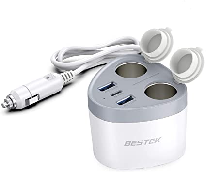 BESTEK 150W 2-Socket Cigarette Lighter Splitter USB-C PD3.0 Fast Car Charger Dual 2.4A USB Ports Car Adapter with LED Indicator and Protect Case Compatible GPS/Dash Cam/Phone/iPad