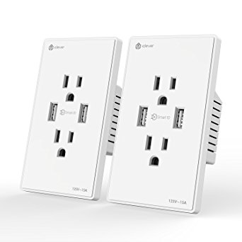 [Smart & Secure] iClever 15 Amp 125 Volt Wall Outlet Duplex Receptacle, 4.2A Dual USB Charger Ports with SmartID Technology, White(2-Pack)