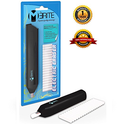 Premium Electric Eraser Kit with Eraser Refill Pack by Merite - Battery Operable - Includes 20 Refill Erasers