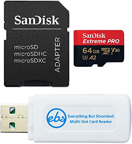 SanDisk Extreme Pro 64GB V30 A2 MicroSDXC Memory Card for DJI Works with Mavic Air 2 Drone 4K UHD U3 Bundle with (1) Everything But Stromboli MicroSD Card Reader