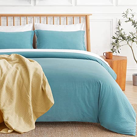 VEEYOO Twin Duvet Cover Cotton - 100% Washed Cotton Duvet Cover Set with Zipper Closure, Extra Soft Breathable Comforter Cover (1 Turquoise Duvet Cover, 2 Pillowcases)