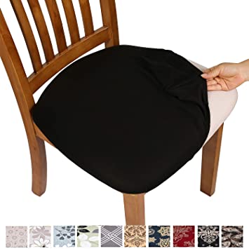 Comqualife Stretch Printed Dining Chair Seat Covers, Removable Washable Anti-Dust Upholstered Chair Seat Cover for Dining Room, Kitchen, Office (Set of 4, Soild Black)