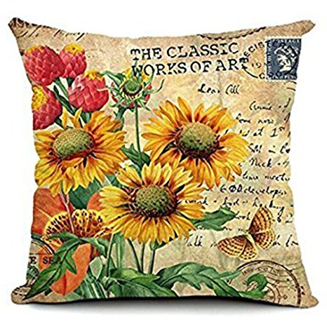 Onker Cotton Linen Square Decorative Throw Pillow Case Cushion Cover 18" x 18" Sunflower
