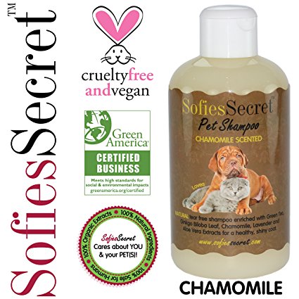 SofiesSecret 100% Natural+Organic Pet Shampoo, Chamomile, 8.5 fl. Oz., NO Perfume ORGANIC Extract for Scent, Cruelty Free & Vegan, Green America & Leaping Bunny Certified