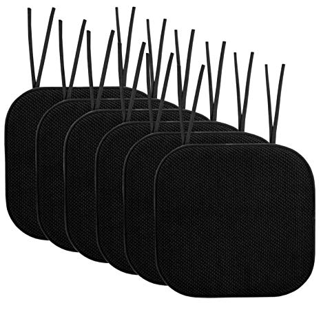 Sweet Home Collection Chair Cushion Memory Foam Pads with Ties Honeycomb Pattern Slip Non Skid Rubber Back Rounded Square 16" x 16" Seat Cover, 6 Pack, Black