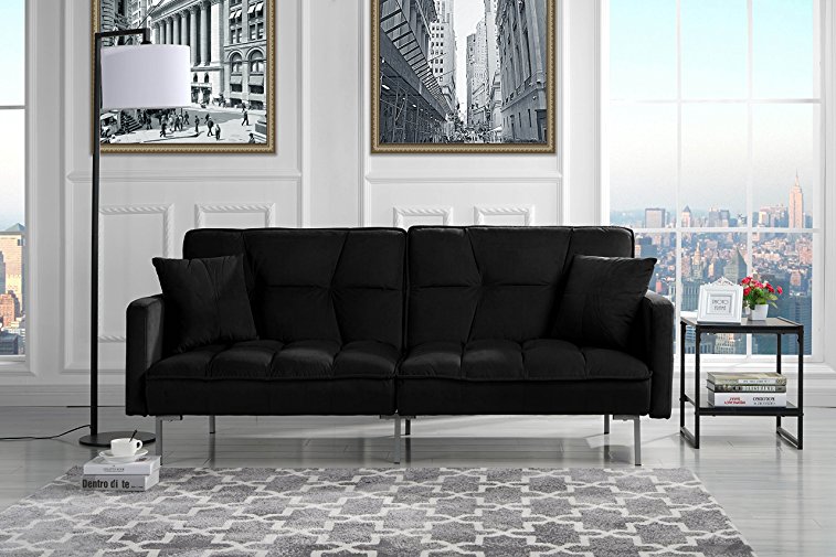 Modern Plush Tufted Velvet Splitback Living Room Sleeper Futon (Black)