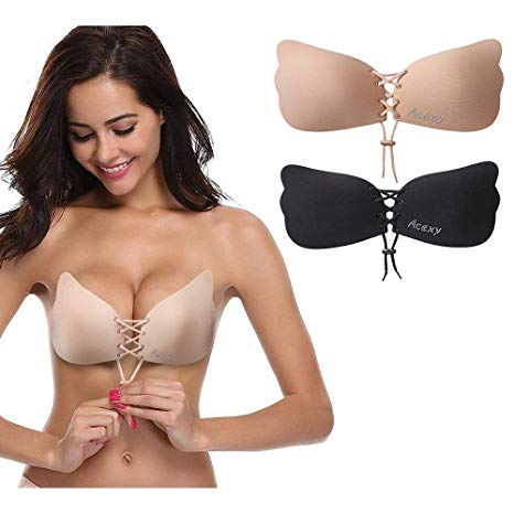 Acexy Invisible Adhesive Bra 2 Pack Sticky Bra Reusable Push Up Invisible Women Bra Drawstring Silicone Bras