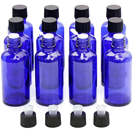 Youngever Essential Oils Bottles, 12 Pack 2 Ounce Blue Glass Vials Bottles with Orifice Reducers and Black Caps