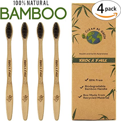 Infused Charcoal Bamboo Toothbrush Natural Eco-Friendly Reusable Organic Vegan Biodegradable Soft Bristles Ergonomic (4-Pack) - BLACK