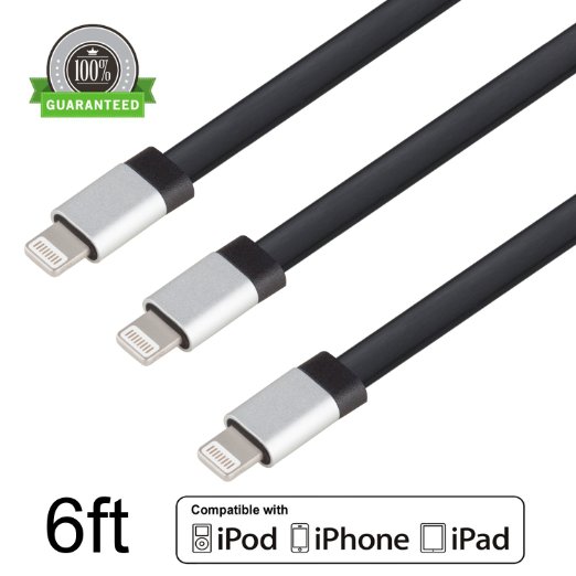 Amoner 3 Pack 8 Pin Tangle Free Lightning Cable Extra Long Cord 6ft Aluminum Flat Series to USB Sync and Charge Cable Perfect for iPhone iPad iPod Ensures Highest Charging Speed