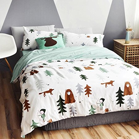 BuLuTu Siberia Forest Theme Cotton US Queen Kids Bedding Collections(1 Duvet Cover 2 Pillow Shams) White Reversible Full Quilt Bedding Sets With 4 Corner Ties Wholesale