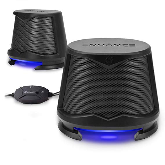 ENHANCE SB2 Computer Speakers with Blue LED Glow Lights and 2.0 USB Powered Design - 10W Peak Sound, 3.5mm Wired Connection, in-Line Volume Control - Compatible with Gaming Desktop, Laptop, PC