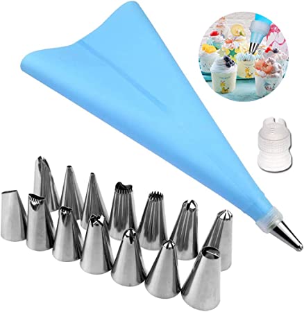 VASLON Silicone Piping Bags and Nozzle, Length Silicone Ice Piping Cream Pastry Bag Cake Decorating Squeeze Cream Cake Baking Tools，14 Stainless steel nozzle set, 1 reusable silicone pastry bag, 1 reusable plastic converter