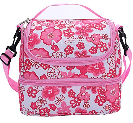 MIER Double Decker Insulated Lunch Box Pink Soft Cooler Bag Thermal Lunch Tote with Shoulder Strap (Pink Flower)