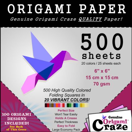 Origami Paper Special - 500 Sheet Economy Pack - 6 Inch Square Sheets - 20 Vivid Colors - 100 Design Ebook Included! (please check the back of the cover)