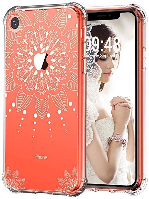 AUDIMI iPhone XR Case, Shockproof Bumper Soft Flexible TPU Transparent Mandala Lace Flower Pattern Cover Case with Design