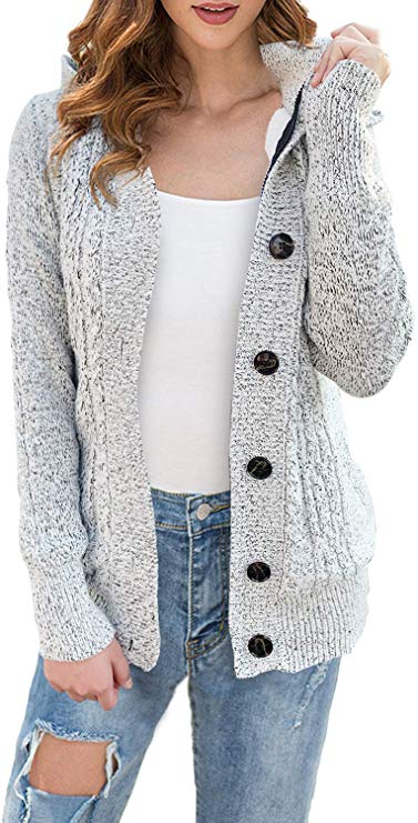 LIENRIDY Women's Sweater Cardigans Hooded Button Cable Thick Sweaters Coats with Pockets