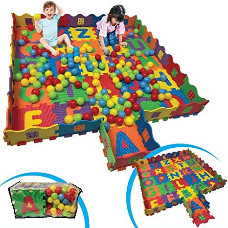 FUN n' SAFE (7175) Kids Play Mat and Ball Pit, ABC, 16 Interlocking Foam Tiles & 100 Balls
