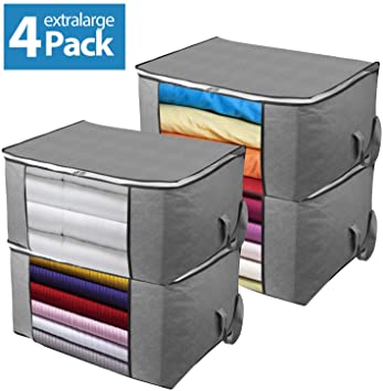Awekris Foldable Storage Bag, Set of 4 Large Foldable Clothes Organizer, Clear Window & Carry Handles, Great for Clothes, Blankets, Closets, Bedrooms and More (Grey Set of 4)
