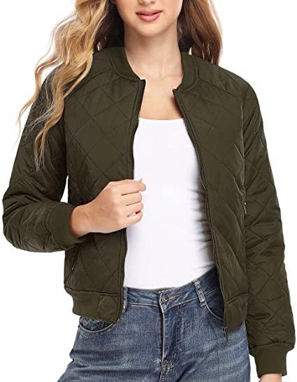 Dilgul Womens Quilted Jacket Lightweight Long Sleeves Zip Up Raglan Bomber Jackets with Pockets