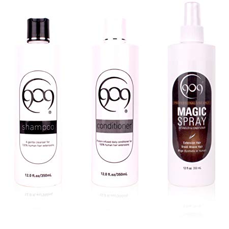 909 Shampoo, Conditioner and Magic Spray Detangler Kit | Silk Amino Protein Shampoo and Conditioner with Aloe Vera Extract Detangler 3 Piece Set for 100% Remy Human Hair Extensions and Wigs (12 oz)