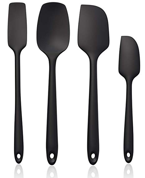 Ouddy Silicone Spatula Set | 4-piece Black Heat Resistant Seamless Rubber Spatula Kitchen Utensils for Cooking, Baking and Mixing | Strong Stainless Steel Core, Non-stick & Dishwasher Safe