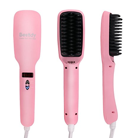 Bestidy Hair Straightener Brush Anion instant Magic Silky Straight Hair Styling, Anti Scald Teeth,Anti Static Ceramic Heating Detangling (Pink)