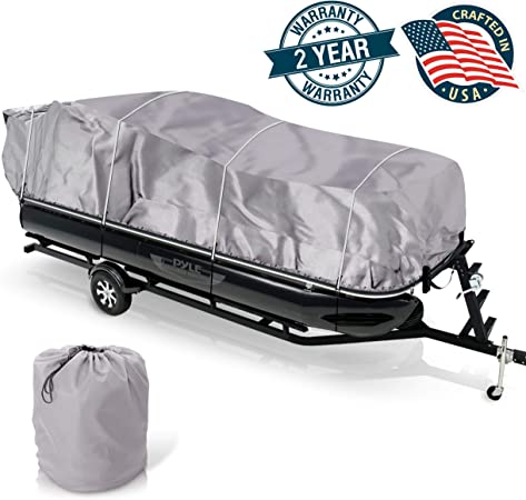 Universal Boat Adjustable Storage Cover - 25'-28'L to 96” Pontoon Boats Protection Custom Heavy Duty Waterproof Mildew Weather Resistant Polyester Fabric, Snap Strap, Elastic Cord, Bag - Pyle PCVHP442