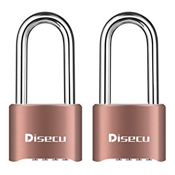 Disecu Heavy Duty 4 Digit Combination Lock Outdoor Waterproof Long Shackle Padlock for Gate, Fence, Gym Locker,Toolbox (Brass, Pack of 2)