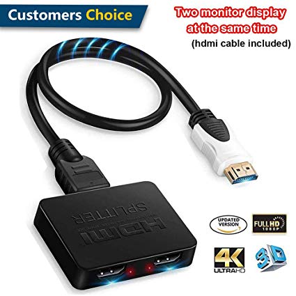 HDMI Splitter 1 in 2 Out, HDMI Splitter 1 to 2 Amplifier,1080P,4k,3D,2 screens displayed at the same time,Supports Sky Box，Fire Stick,PS4，Computer to projector,TV, HDTV etc,Come with HDMI Cable