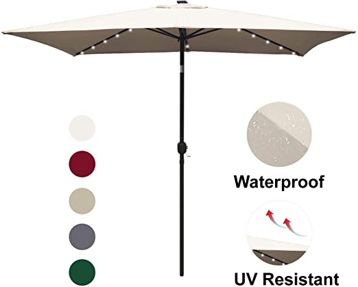 ABCCANOPY Rectangular Patio Umbrella Solar Powered Outdoor Umbrellas Market Table Umbrella with 26 LED Lights, Tilt and Crank for Patio Deck and Pool, 6.6 by 9.8 Ft (White)