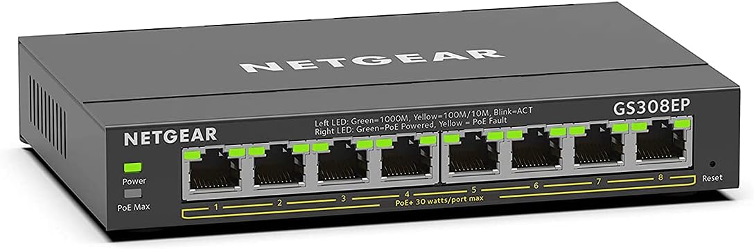 NETGEAR PoE Switch 8 Port Gigabit Ethernet Plus Network Switch (GS308EP) - with 8 x PoE  @ 62W - Desktop or Wall Mount