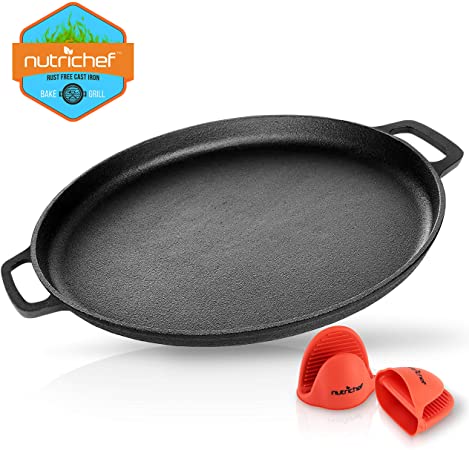 NutriChef 14" Cast Iron Baking Pan Steel Pizza W/Easy Grip Gas, Electric, Glass, Induction Cooker, Oven, Grill/Campfire-2 Silicone Handles