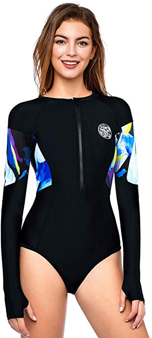 AXESEA Womens Long Sleeve Rash Guard UV UPF 50  Sun Protection Printed Zipper Surfing One Piece Swimsuit Bathing Suit