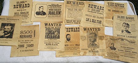Set of 12 Reproduction Old West Wanted Reward Posters